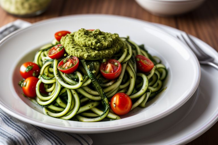 Easy Keto Recipes with Ingredients and Instructions - Zucchini Noodles with Pesto and Cherry Tomatoes